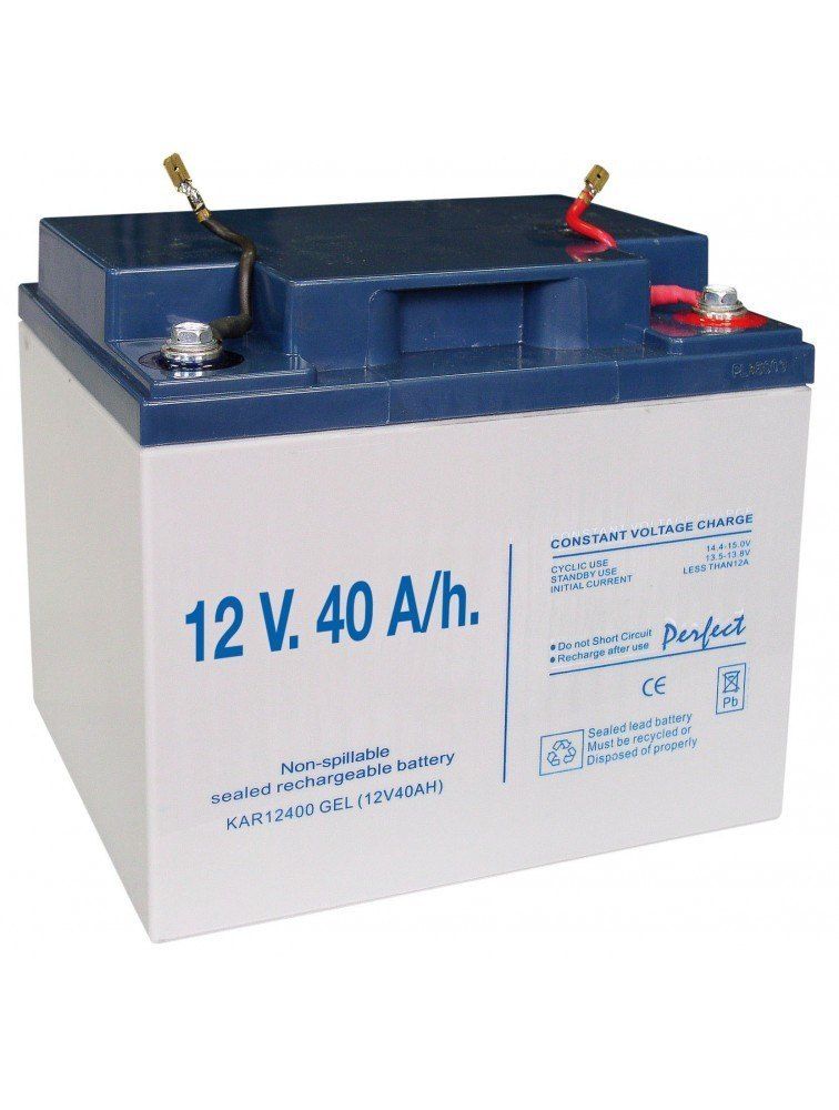Una batería azul y blanca que dice 12v 40ah