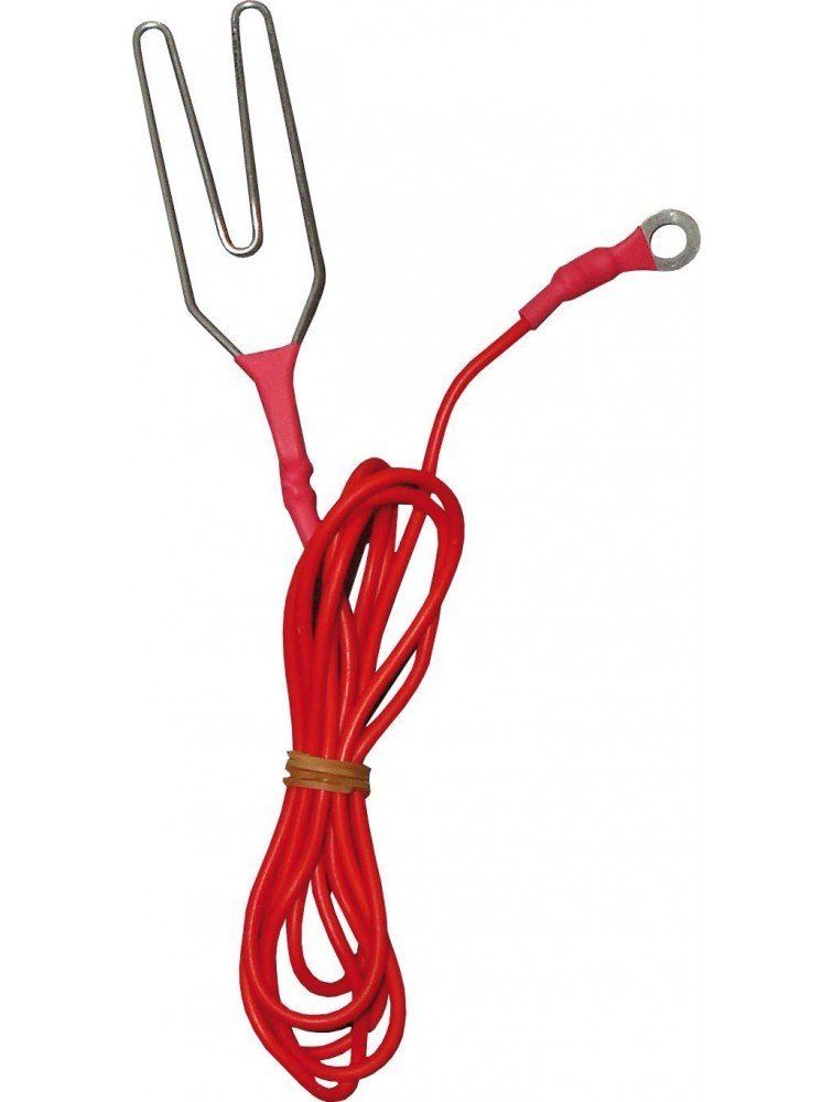 Un cable rojo con un clip de metal unido a él