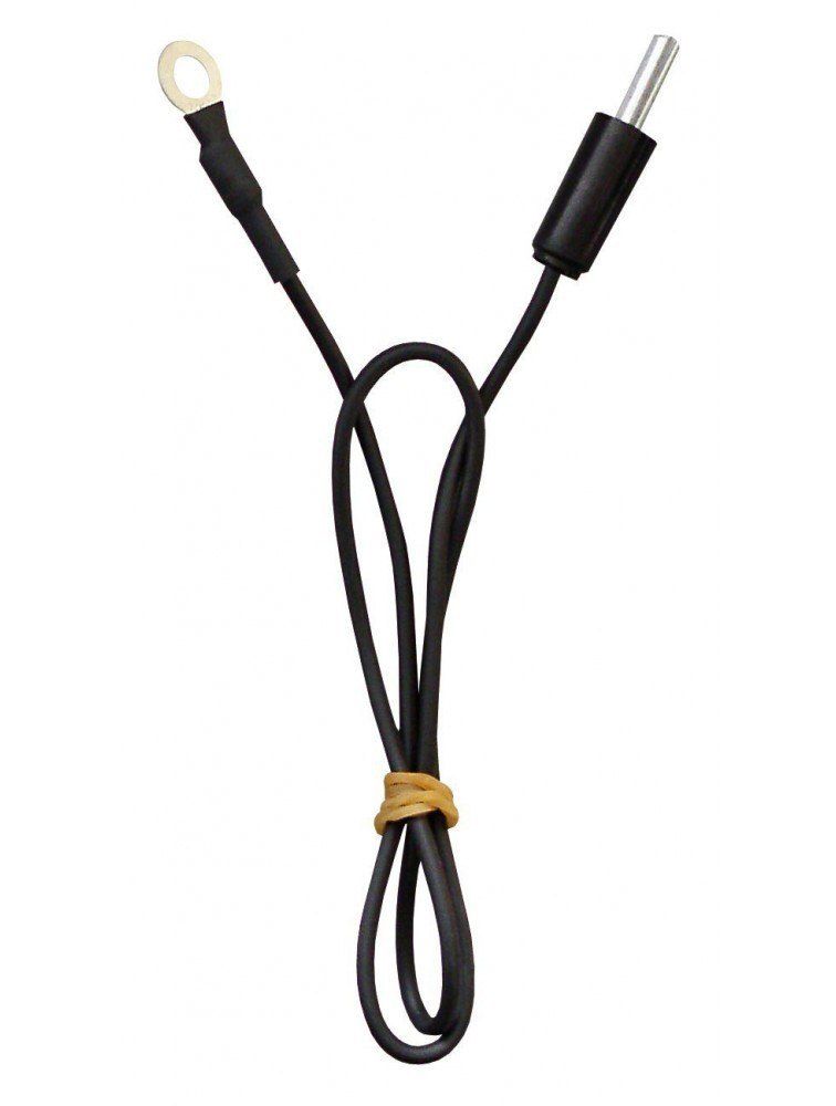 Un primer plano de un alambre con una banda elástica alrededor de él sobre un fondo blanco.