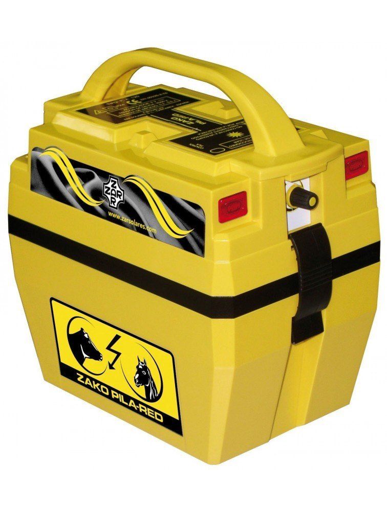 Una caja amarilla con un asa y una señal de advertencia.