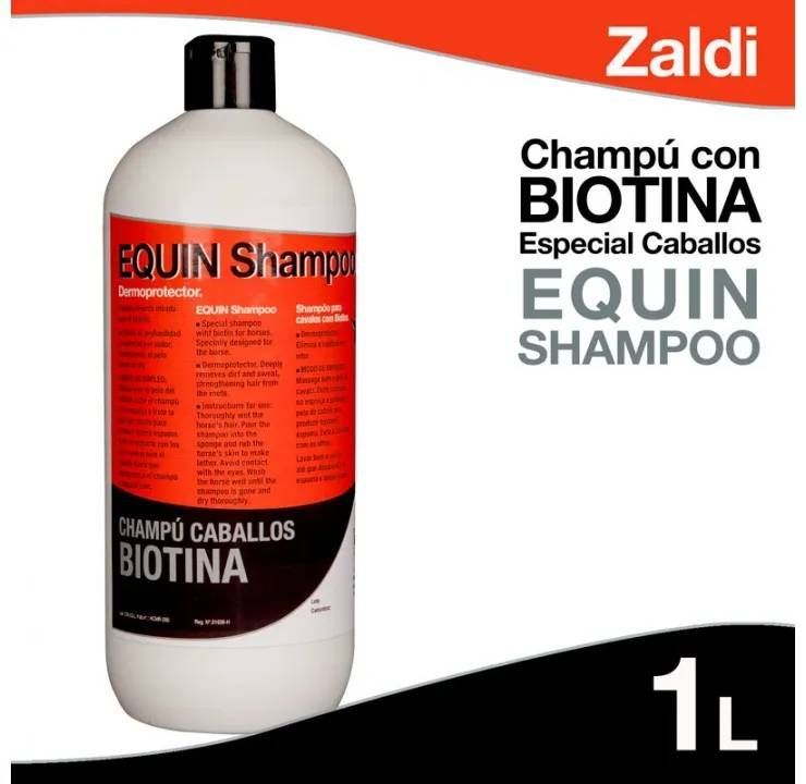 Una botella de champú Zaldi Equin con etiqueta roja