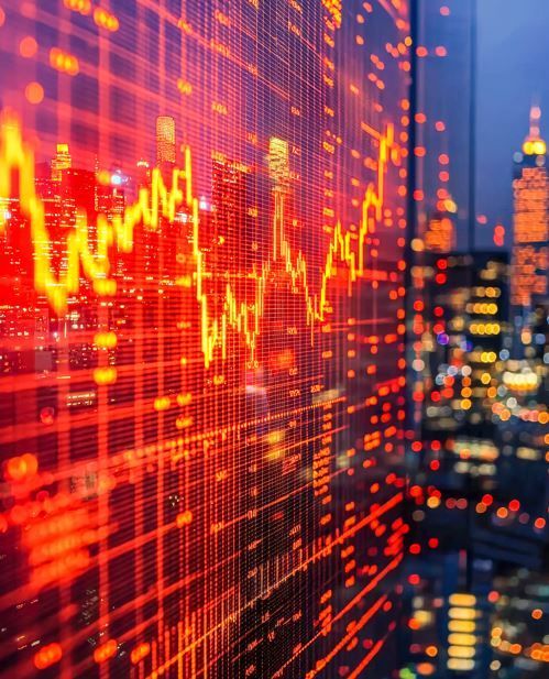 Gráfico del mercado de valores superpuesto a un paisaje urbano, de color rojo brillante.