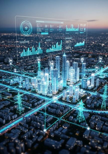 Representación digital de una ciudad inteligente con visualizaciones de datos superpuesta