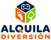 Logo de Alquila Diversi&oacute;n con un cubo colorido y texto azul y naranja.