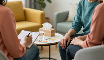 Dos personas sentadas en una sala de terapia, conversando con un cuaderno y té sobre la mesa