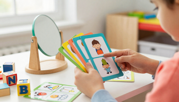 Manos sosteniendo tarjetas didácticas de colores junto a un espejo de mesa en la sala de juegos de un niño