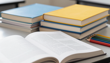 Libro abierto en primer plano, con pilas de libros azules y amarillos detrás y lápices de colores sobre un escritorio