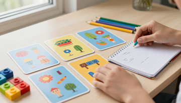 Manos escribiendo en un cuaderno junto a tarjetas educativas de colores y lápices, sobre un escritorio junto a una ventana