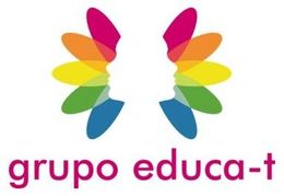 Logotipo colorido con forma de mariposa sobre el texto &laquo;grupo educa-t&raquo;