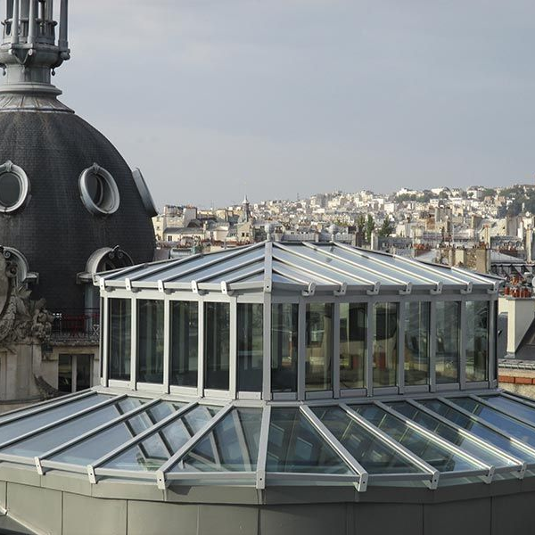 Une structure de toit vitrée côtoie un dôme sombre surplombant un paysage urbain dense à Paris.