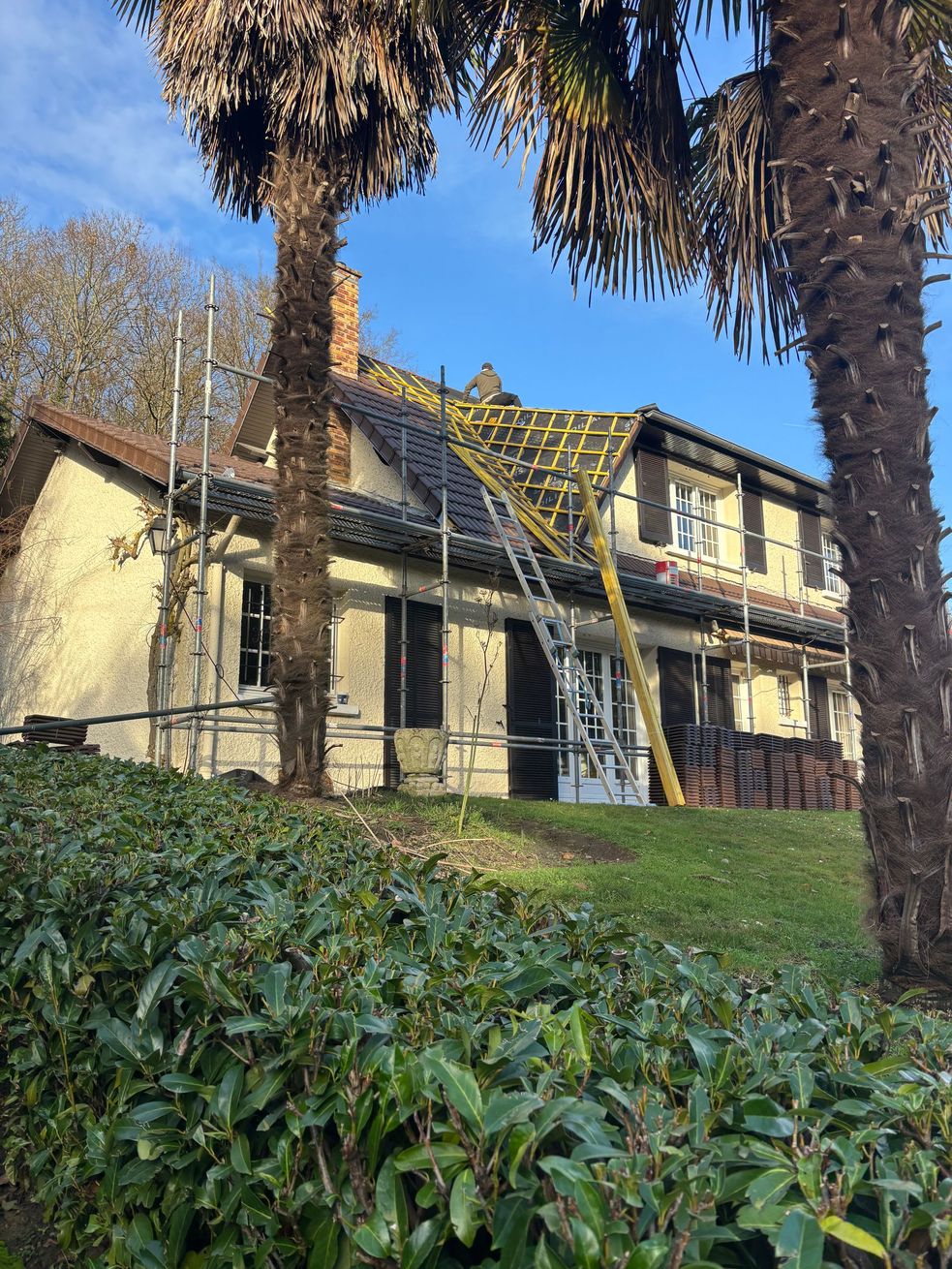 Maison à deux étages avec une échelle, encadrée de palmiers et de verdure par une journée ensoleillée.
