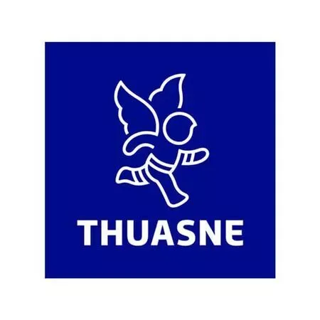 Ein blaues Quadrat mit einem weißen Logo und dem Wort Thuasne darauf.