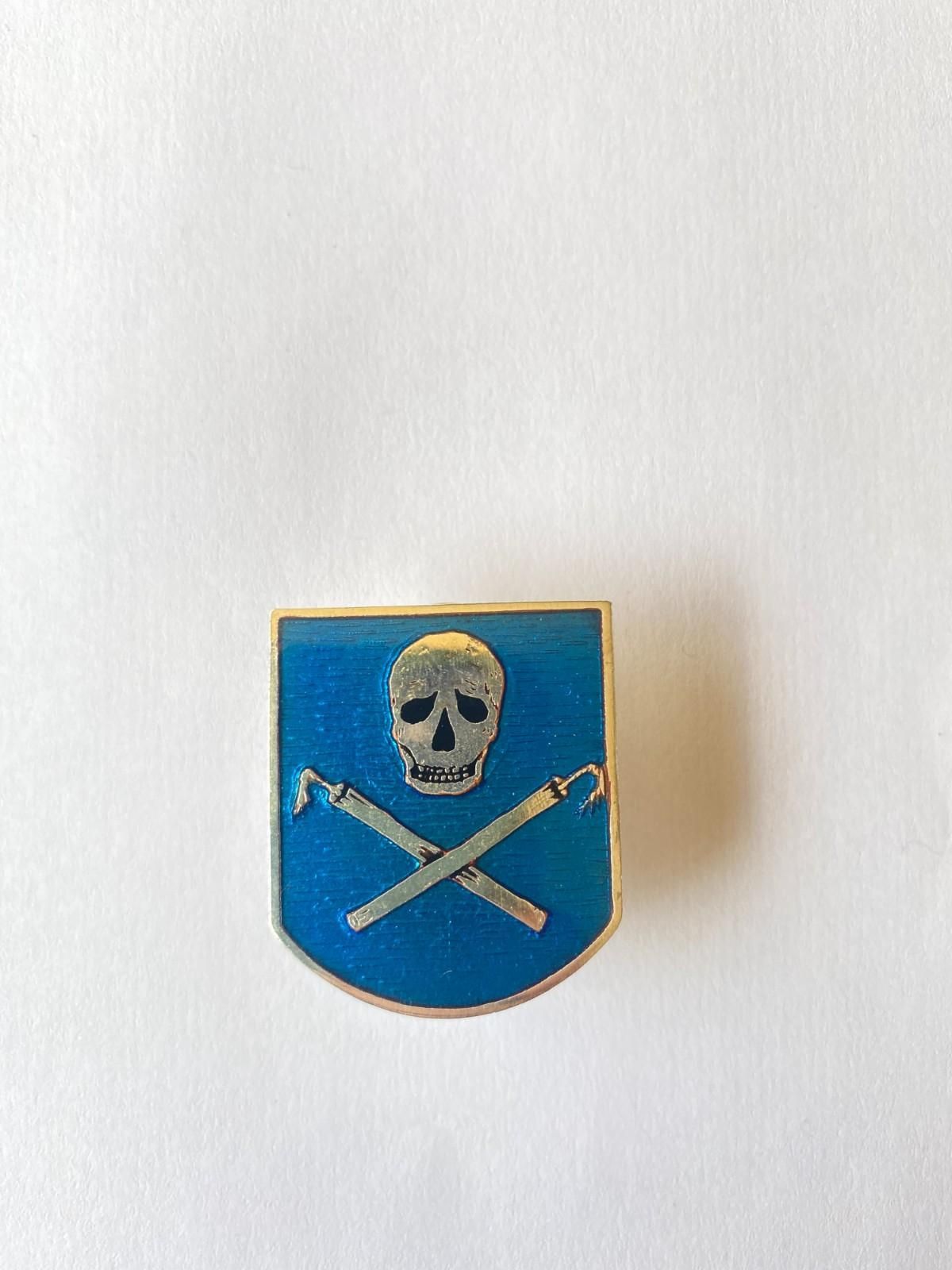 Insignia de escudo azul con un emblema de calavera y tibias cruzadas sobre fondo blanco.