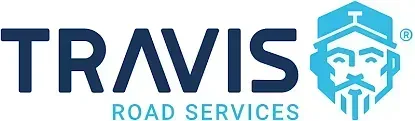Logotipo de Travis Road Services con una marca denominativa azul y un ícono verde azulado de un hombre barbudo.