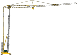 Grue à tour mobile jaune, bras déployé, sur un chantier de construction.