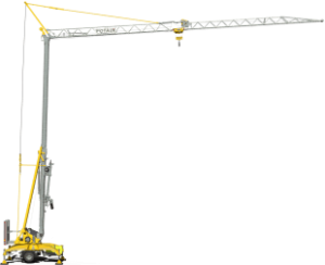 Grue de chantier mobile jaune et grise sur fond blanc.