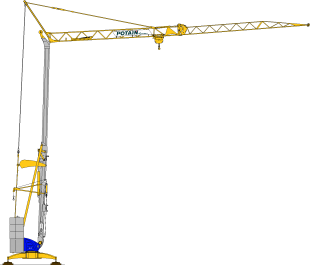 Grue à tour jaune Potain, utilisée dans la construction, avec un long bras horizontal et un contrepoids attaché.
