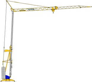 Grue à tour de construction jaune avec flèche horizontale, base bleue et contrepoids.