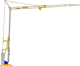 Grue à tour jaune sur un chantier de construction, supportant un long bras.