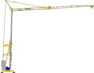 Grue à tour jaune s'étendant horizontalement, avec des contrepoids à la base ; un chantier de construction.