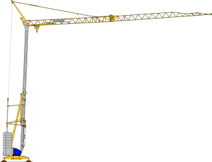 Grue à tour jaune et grise surplombant une base bleue, utilisée dans le secteur de la construction.