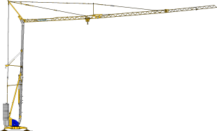 Une grue à tour de construction jaune et grise s'élève au-dessus d'une base bleue.