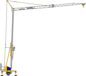 Grue à tour mobile jaune et grise sur fond blanc, bras déployé.