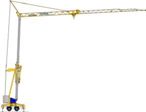 Grue à tour jaune avec un long bras horizontal, en train de lever.