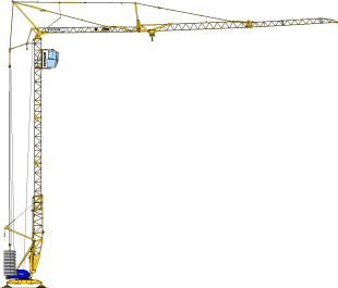 Grue à tour jaune sur un chantier de construction, avec cabine de conduite et socle à contrepoids.