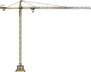 Grue à tour jaune et grise de grande taille se détachant sur un fond blanc, probablement sur un chantier de construction.