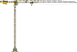 Grue à tour de chantier jaune sur fond blanc.