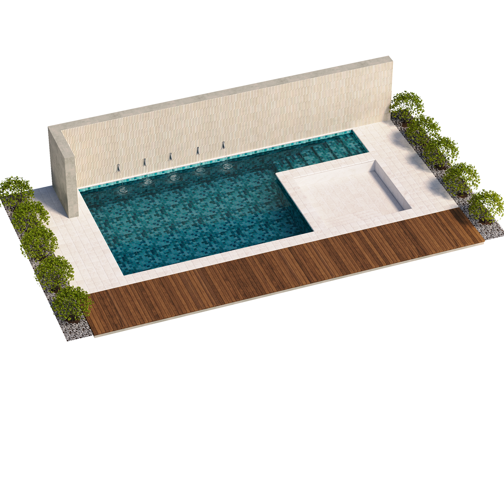 Piscine moderne dans le jardin avec eau turquoise, terrasse blanche, terrasse en bois.