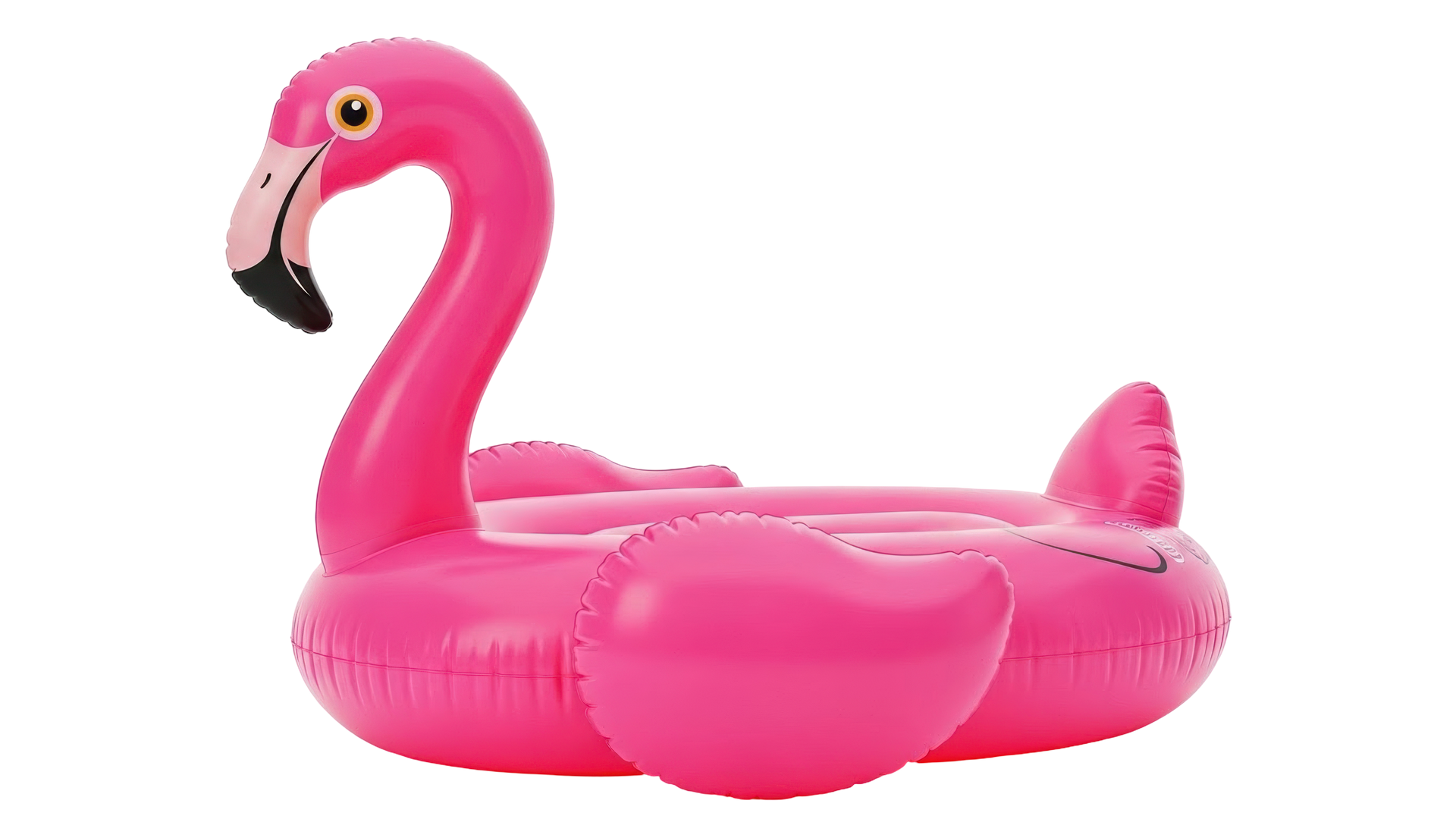 Bouée gonflable rose en forme de flamant rose.