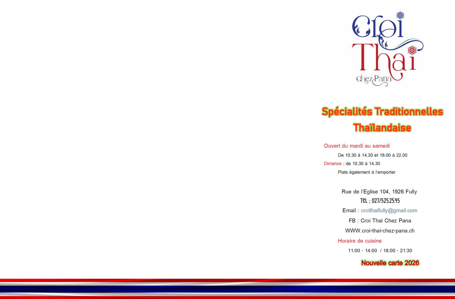 menu pour le restaurant croi thai chez pana