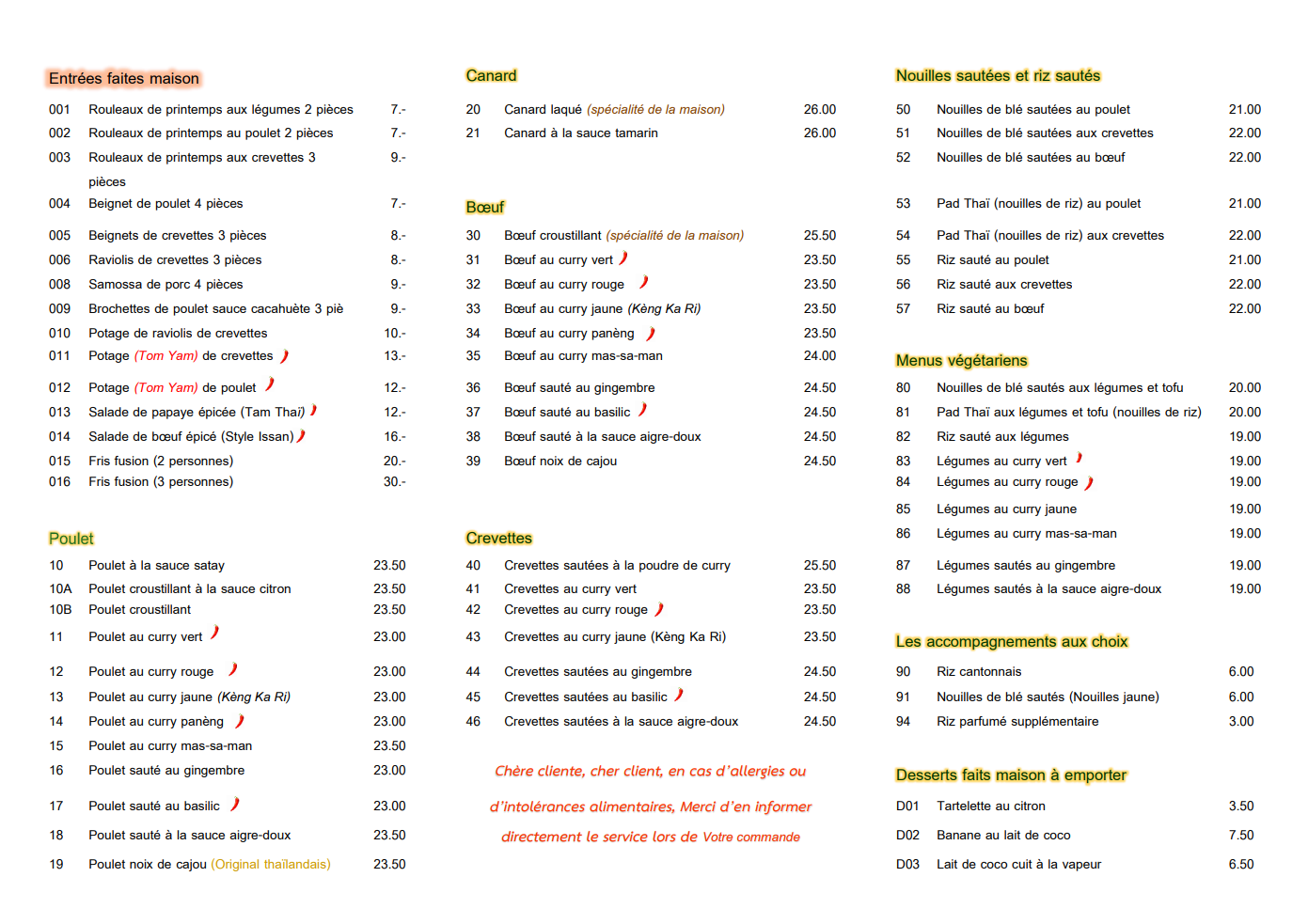 Menu restaurant croi thai chez pana