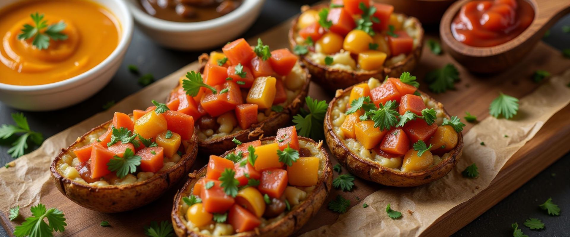 Bruschetta garnie de dés de tomates et d'herbes aromatiques, servie sur une planche en bois avec des sauces à tremper à proximité.