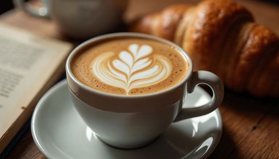 Une tasse de latte blanche avec une soucoupe décorée de feuilles, à côté d'un croissant et d'un livre ouvert.