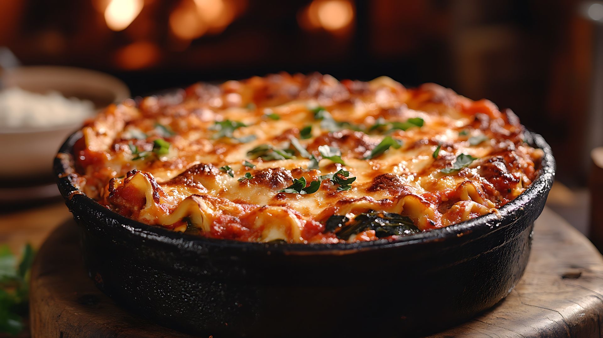 Gratin au fromage cuit dans une poêle noire, garni d'herbes et d'une croûte dorée.