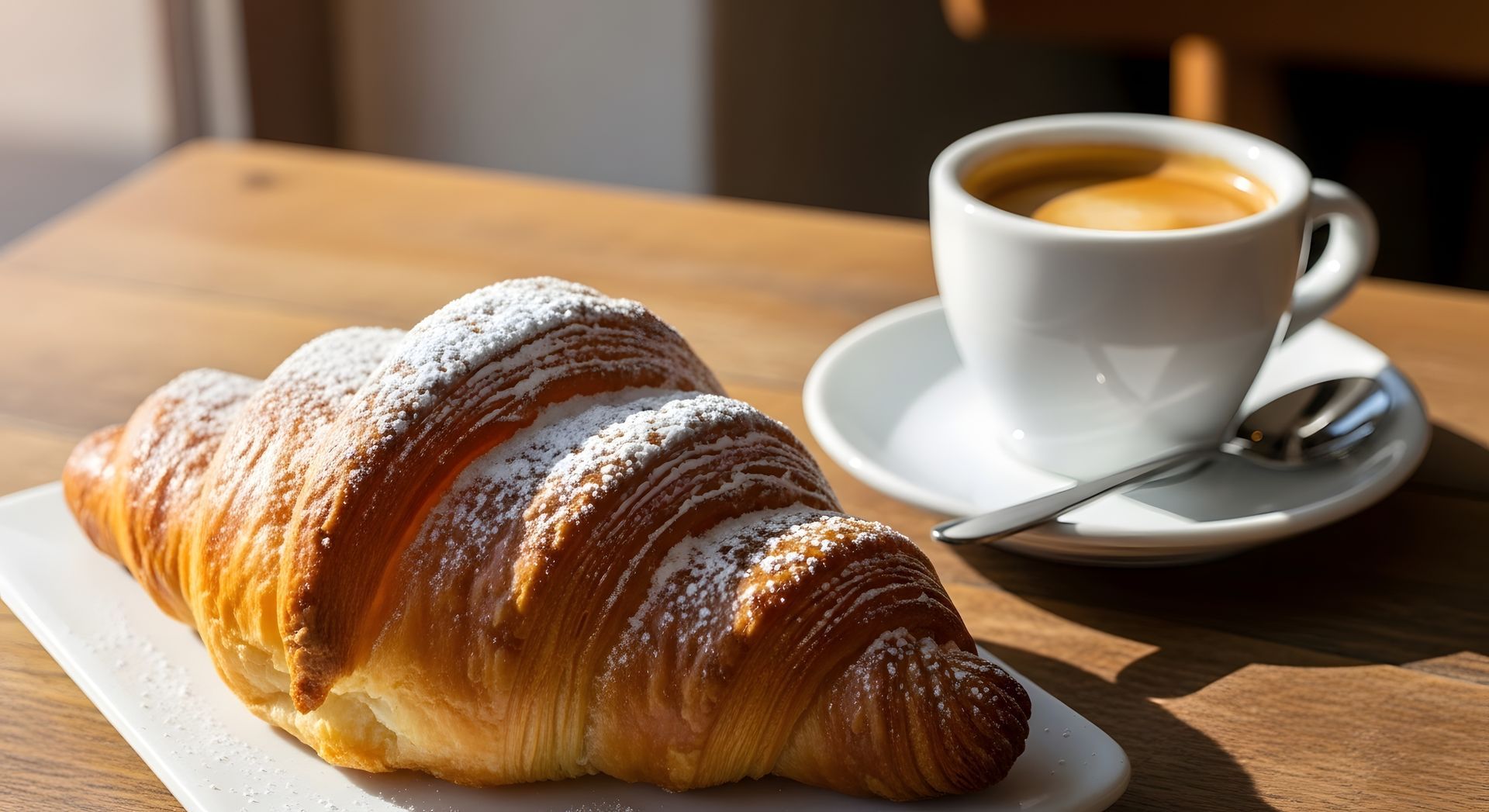 Un croissant sur une table en bois à côté d'une tasse de café sur sa soucoupe, baigné par la douce lumière du soleil.