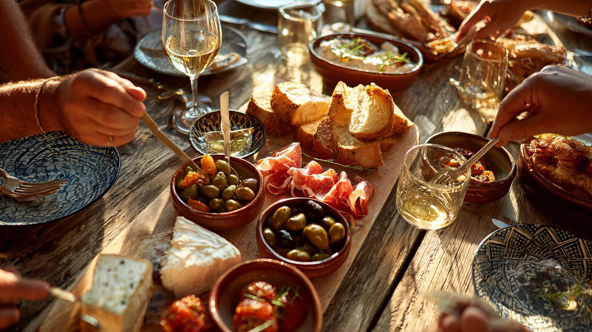 Table rustique baignée de soleil avec verres à vin, pain, olives et tomates lors d'un repas partagé.