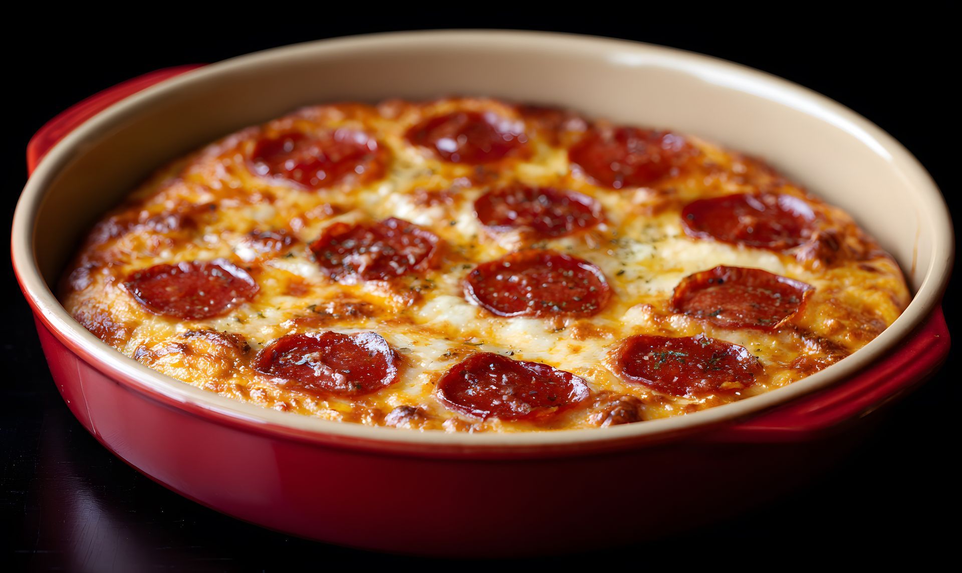 Pizza pepperoni dans un plat à gratin rouge avec du fromage fondu, vue de dessus.