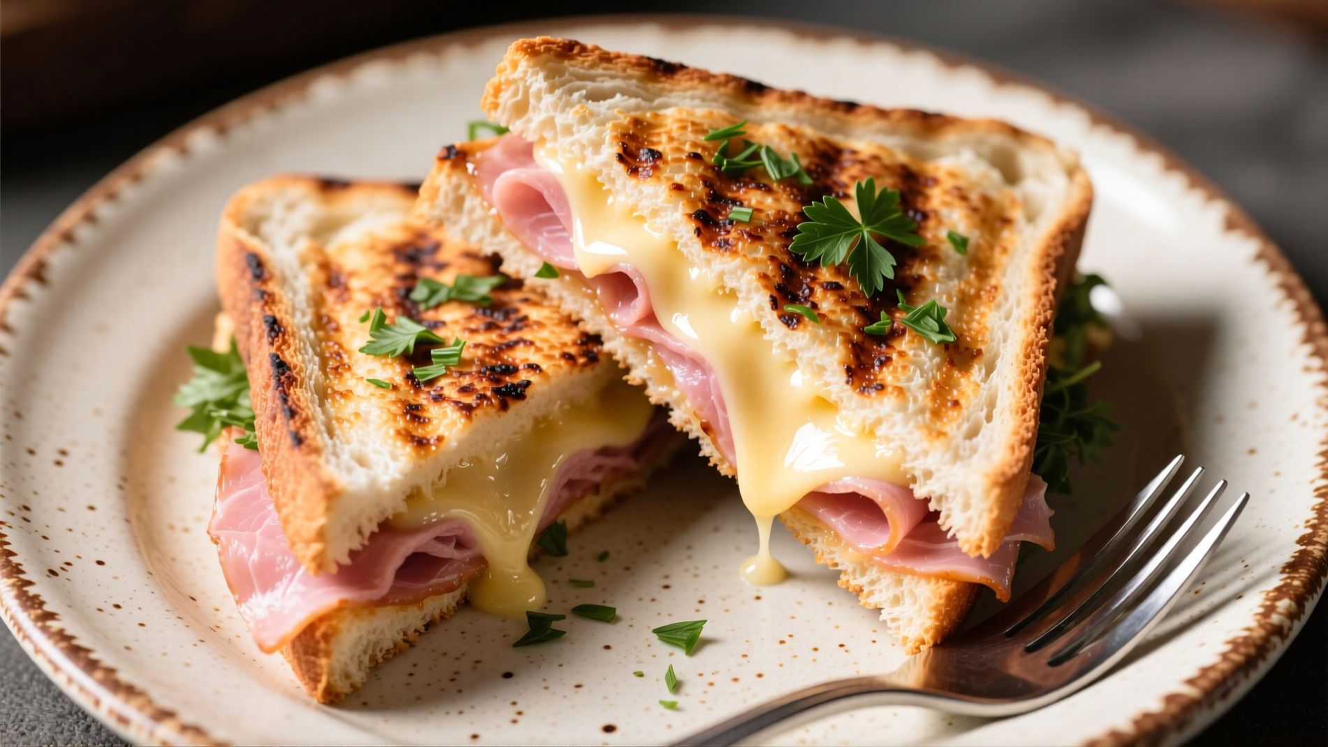 Sandwich grillé au jambon et au fromage servi sur une assiette, garni de persil et accompagné d'une fourchette.