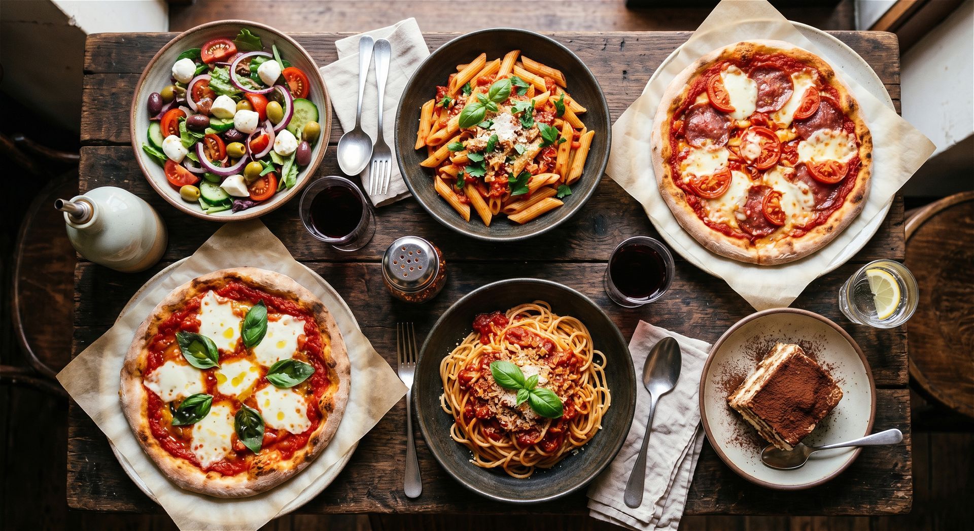 Table haute avec assortiment de pizzas, salades, pâtes et boissons sur une table en bois.