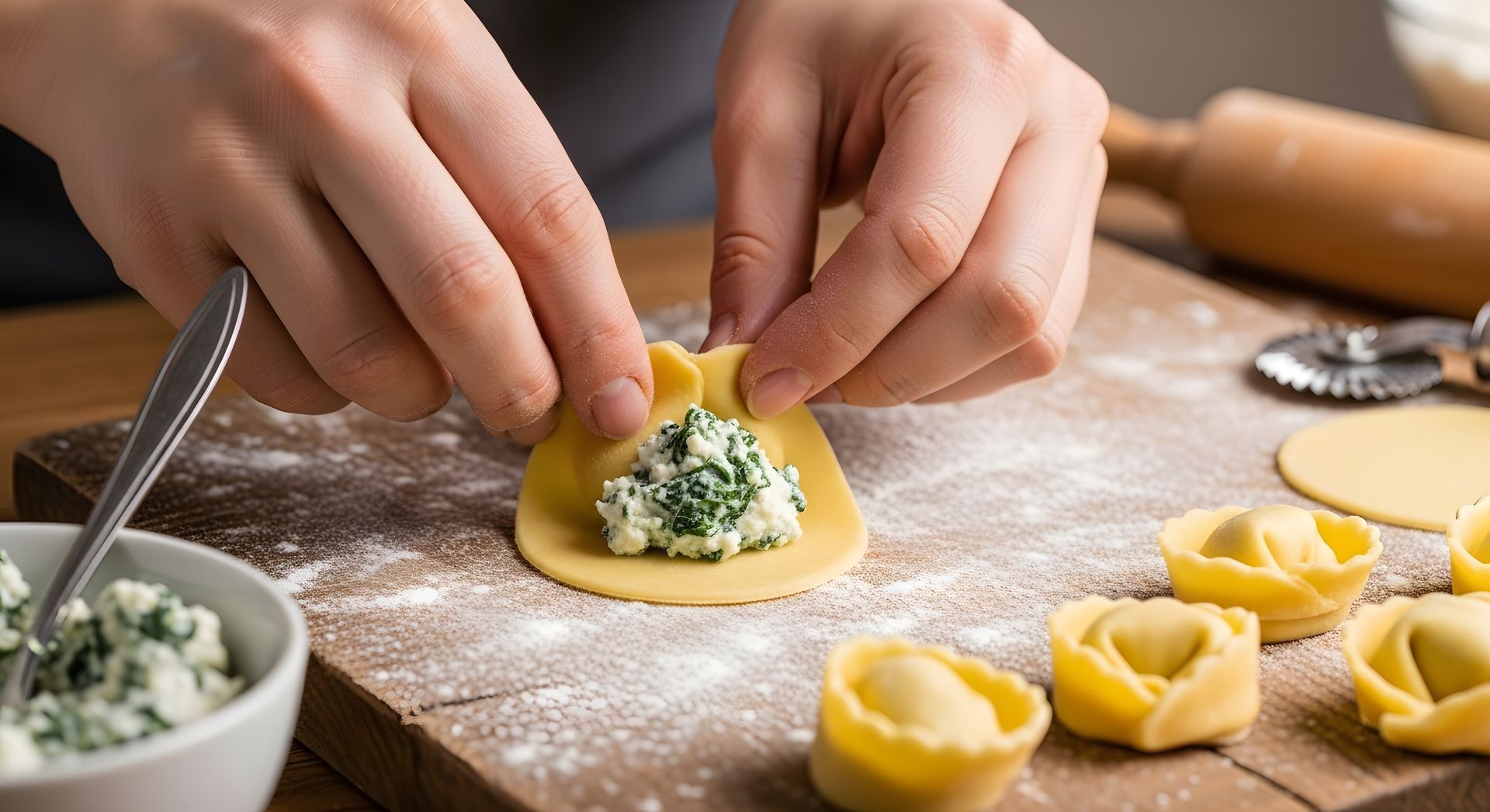 Des mains garnissent une pâte à pâtes de ricotta et d'herbes sur un plan de travail fariné.
