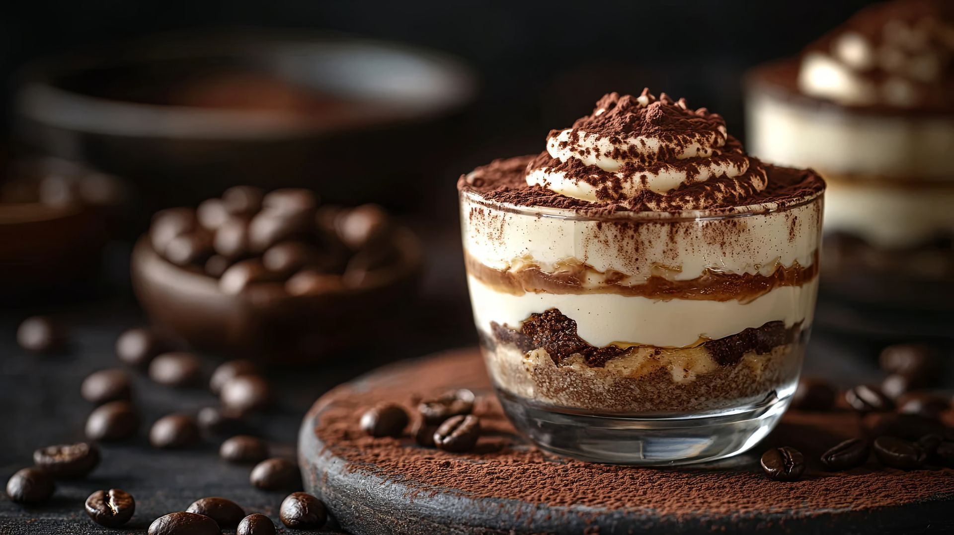 Tiramisu en couche servi dans un verre, nappé de cacao, sur une table sombre parsemée de grains de café.