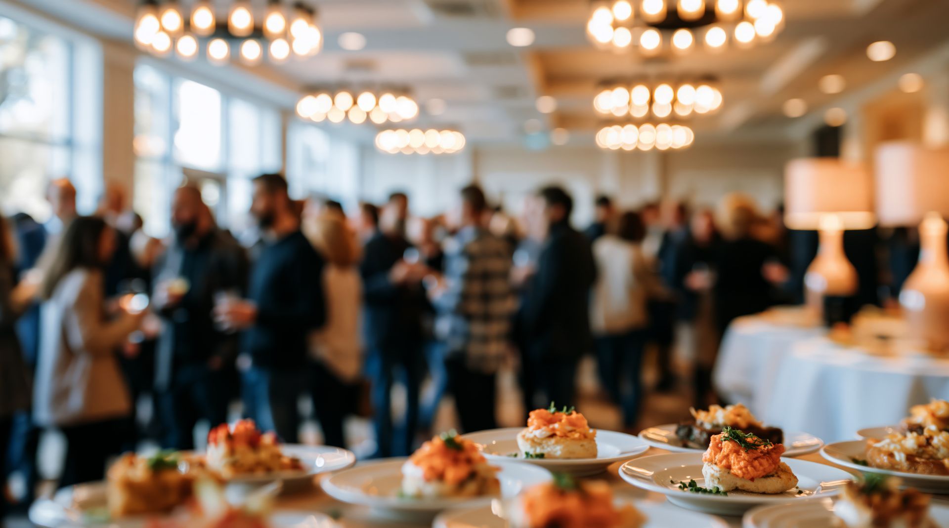 Événement avec traiteur, amuse-gueules sur une table, invités se mêlant dans une salle de réception lumineuse.