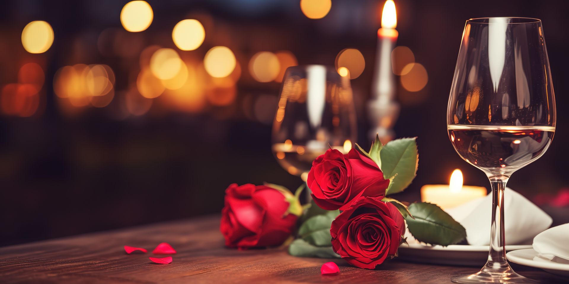 Table romantique avec roses rouges, bougies allumées et verres à vin sur un fond bokeh chaleureux.