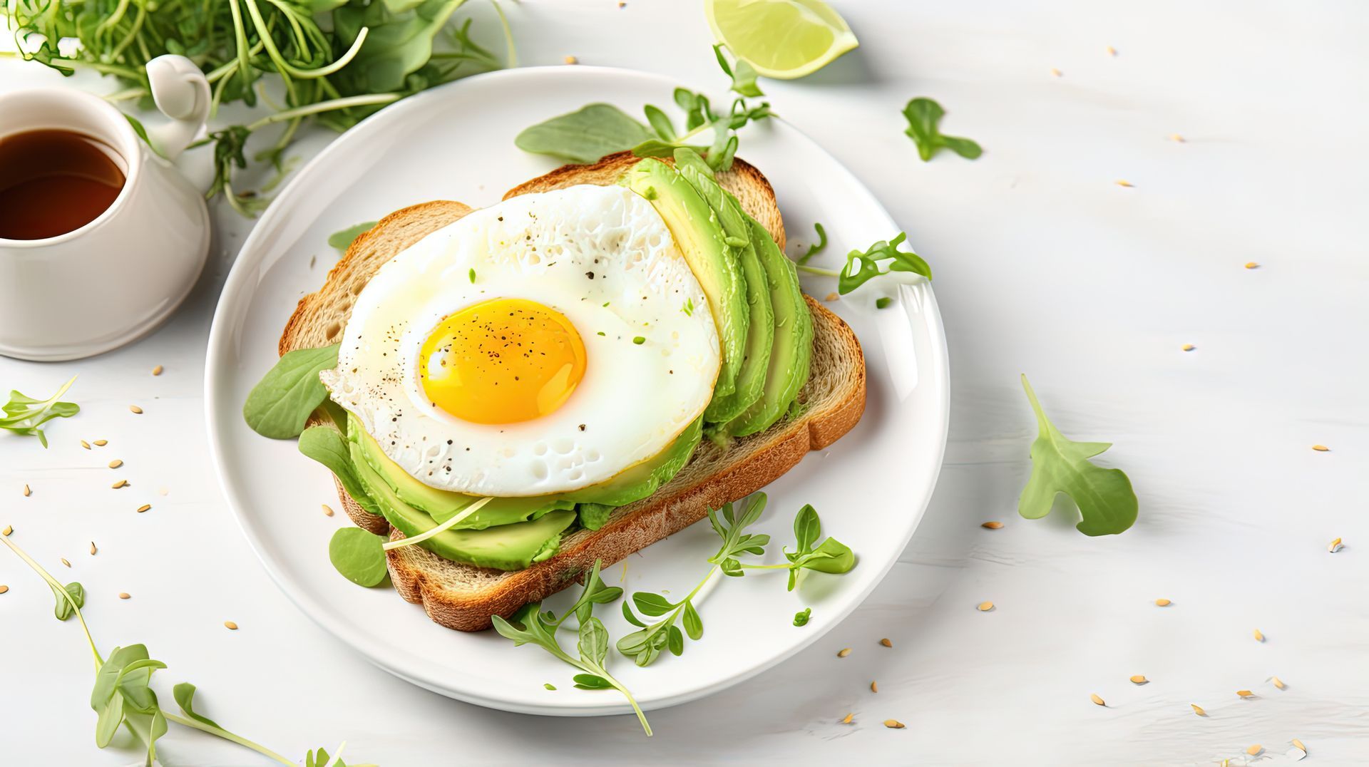 Tartine à l'avocat garnie d'un œuf au plat sur une assiette blanche, avec une tasse de thé à proximité sur une table lumineuse.
