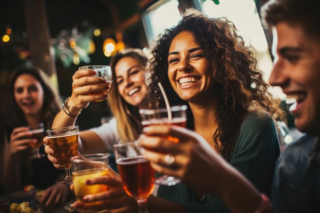Des amis trinquent et sourient lors d'une soirée animée.