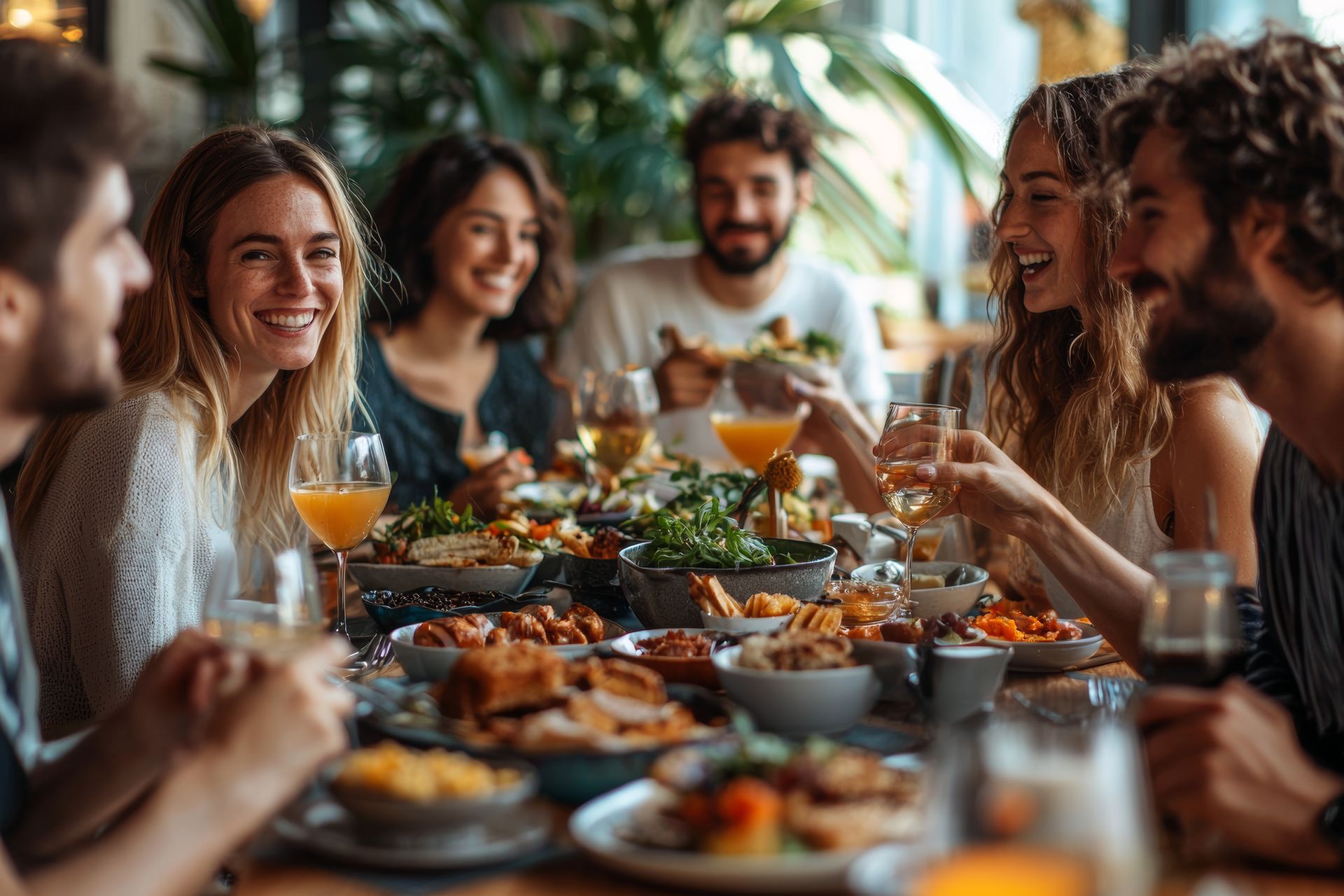 Des amis partagent un repas animé autour d'une longue table, souriant et bavardant par-dessus leurs assiettes et leurs verres.
